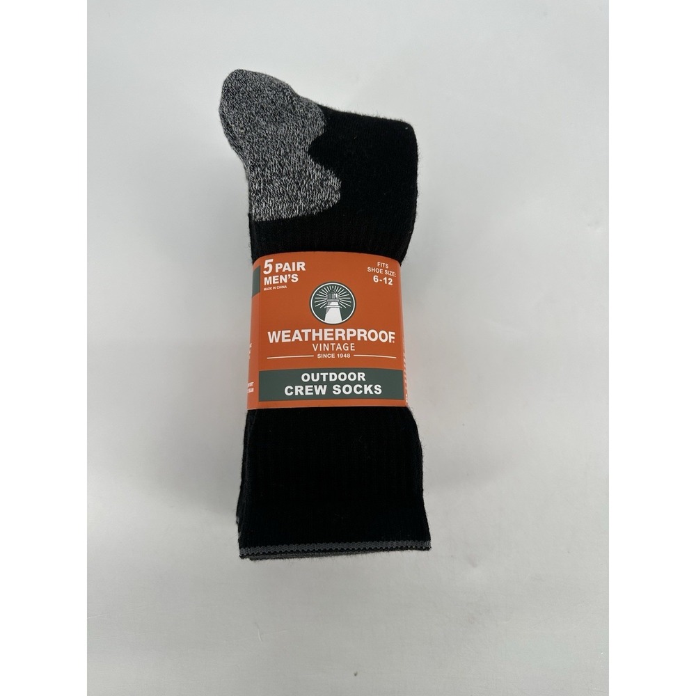 Weatherproof Vintage Men's Outdoor‎ Crew Wool Socks Size 6-12 Black 5 Pair- NEW